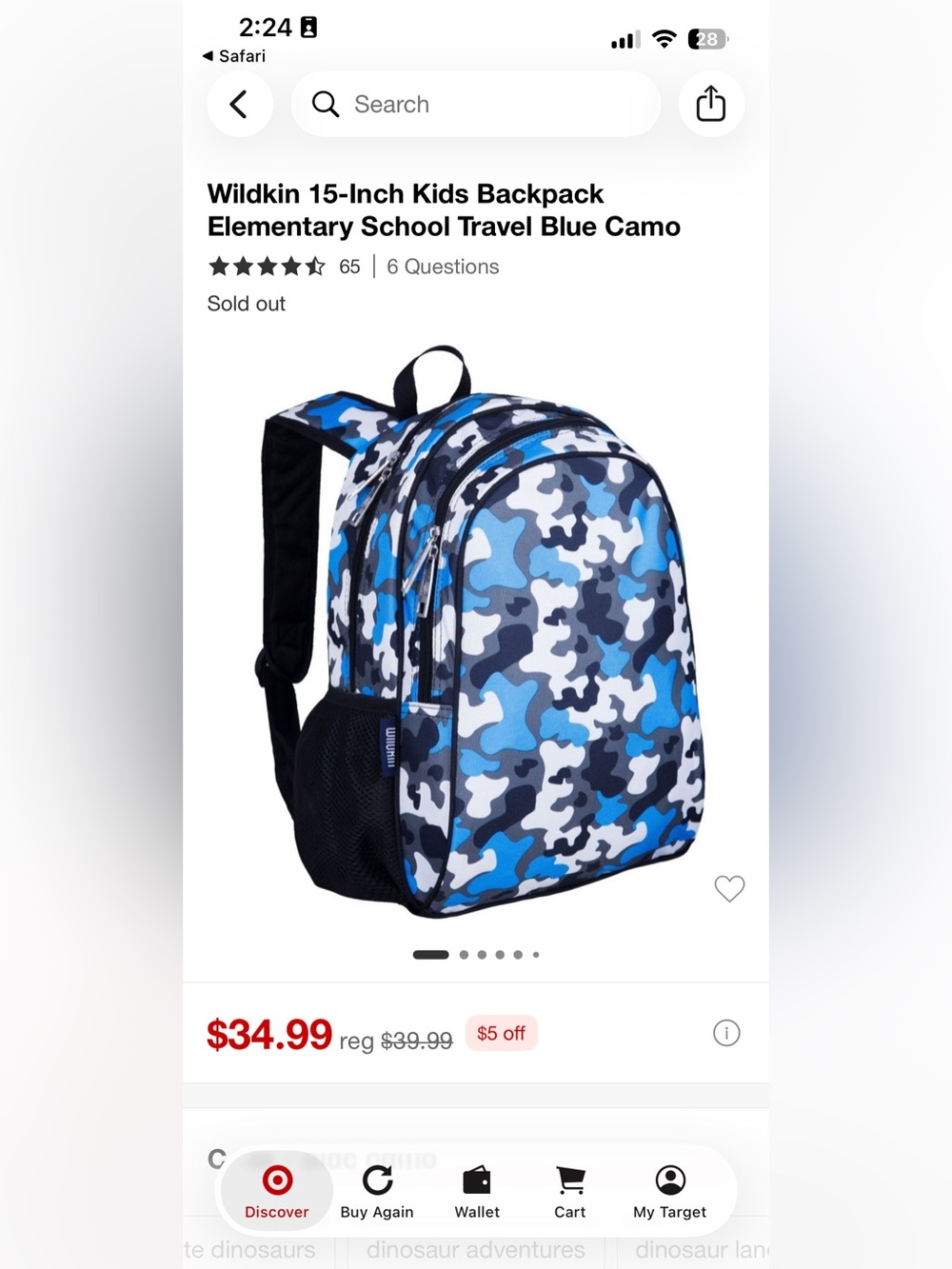NEW Wildkin 15-Inch Kids Backpack
Elementary School Travel Blue Camo